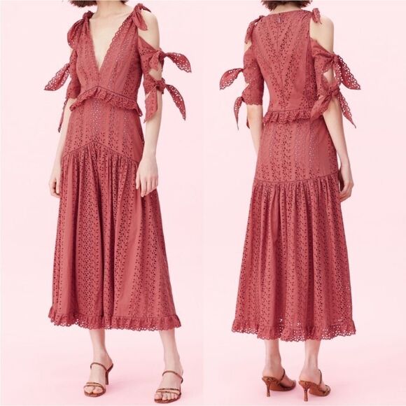 Rebecca Taylor Karina Altered Shoulder Tie Eyelet Lace Midi Dress Sz 0 - Picture 2 of 16